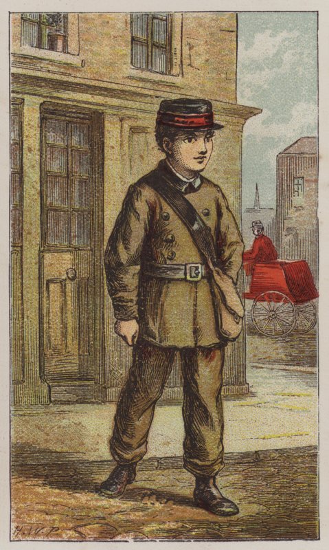 Telegraph Boy (farve litho) af H.W. (after) Petherick
