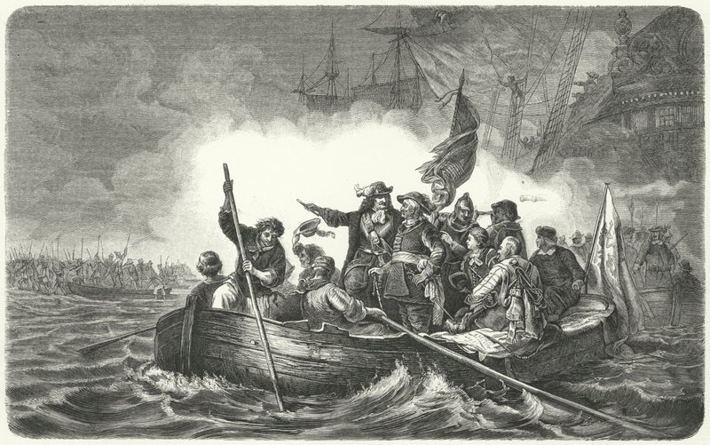 Hær af Frederick William, kurfyrste af Brandenburg, lander på den svenske ø Rügen af H. (after) Kretzschmer