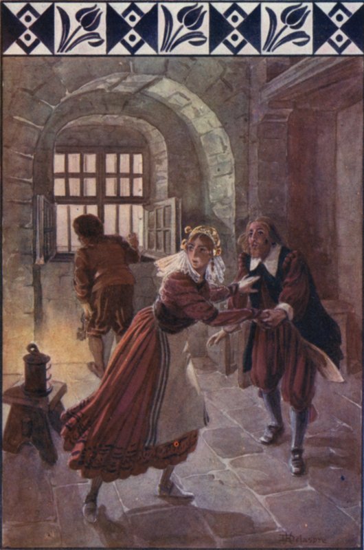 "Kl. ni i aften", sagde hun til ham (farve litho) af H. Delaspre