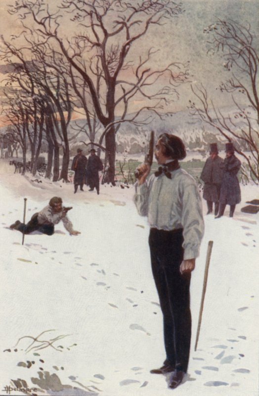 Henri, der stod stille og dækkede sit ansigt med sin pistol, ventede (farve litho) af H. Delaspre