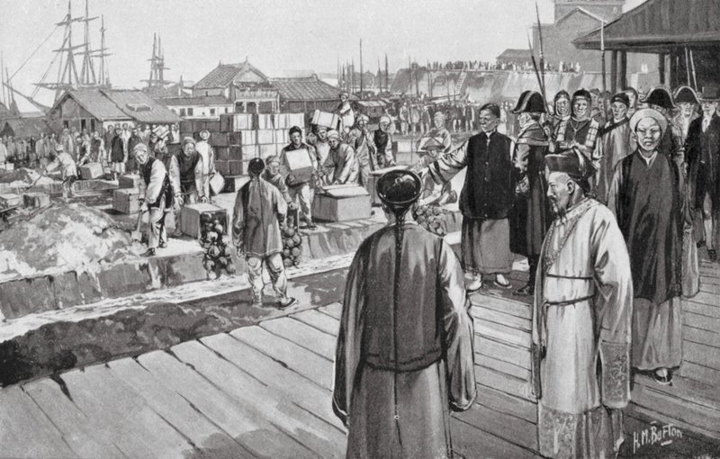 Kommissær Lin ødelægger tusindvis af kister med opium (litografi) af H. M. (after) Burton