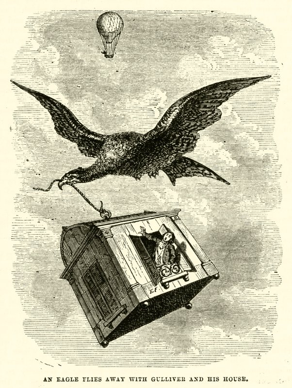 En ørn flyver væk med Gulliver og hans hus (gravering) af after Hablot Knight Browne