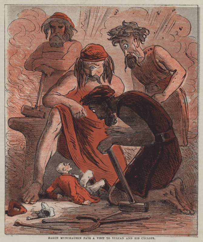 Baron Munchausen aflægger besøg hos Vulcan og hans kykloper (farve litho) af after Hablot Knight Browne