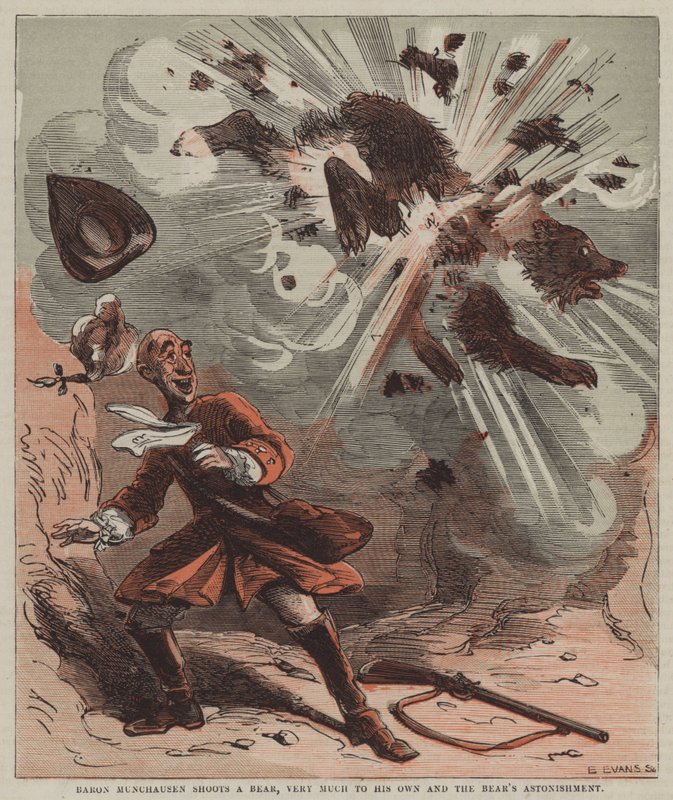 Baron Munchausen skyder en bjørn, meget til hans egen og bjørnens forbløffelse (farve litho) af after Hablot Knight Browne