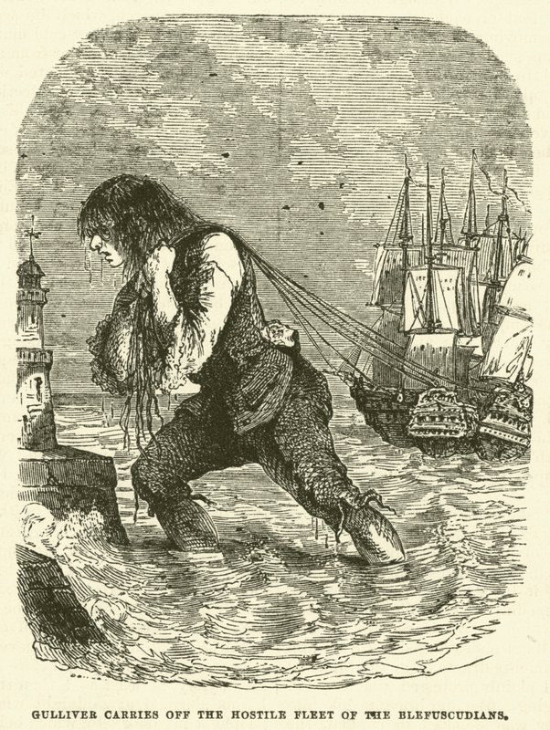 Gulliver bortfører den fjendtlige flåde af Blefuscudians (gravering) af after Hablot Knight Browne