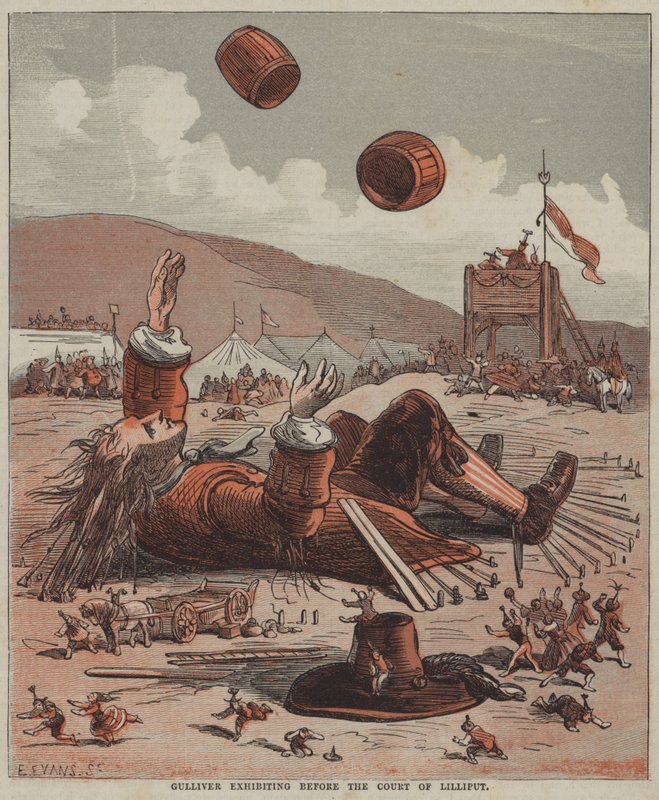 Gulliver udstiller for retten i Lilliput (farve litho) af after Hablot Knight Browne