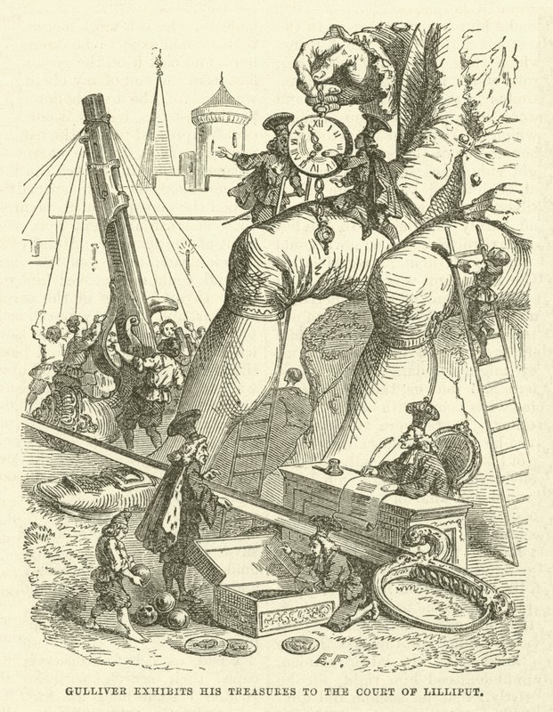 Gulliver udstiller sine skatte til hoffet i Lilliput (gravering) af after Hablot Knight Browne