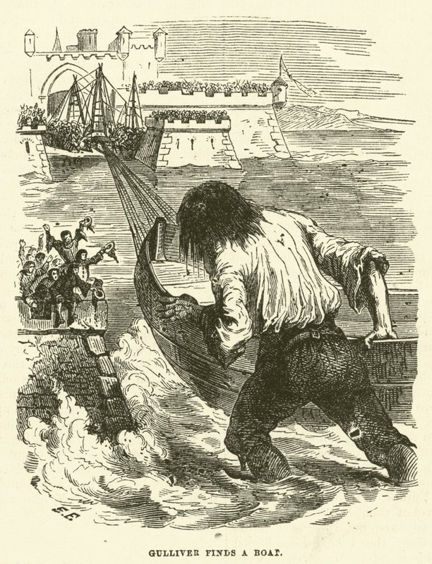 Gulliver finder en båd (gravering) af after Hablot Knight Browne