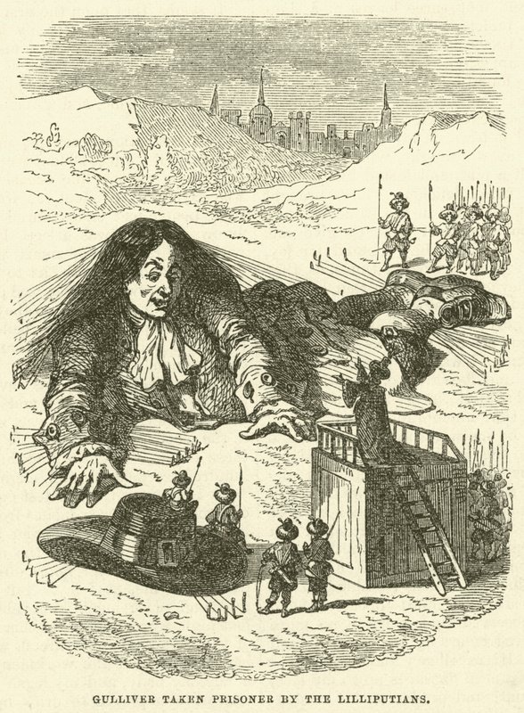 Gulliver taget til fange af Lilliputians (gravering) af after Hablot Knight Browne