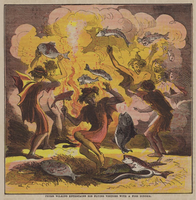 Peter Wilkins underholder sine flyvende besøgende med en fiskemiddag (farve litho) af after Hablot Knight Browne