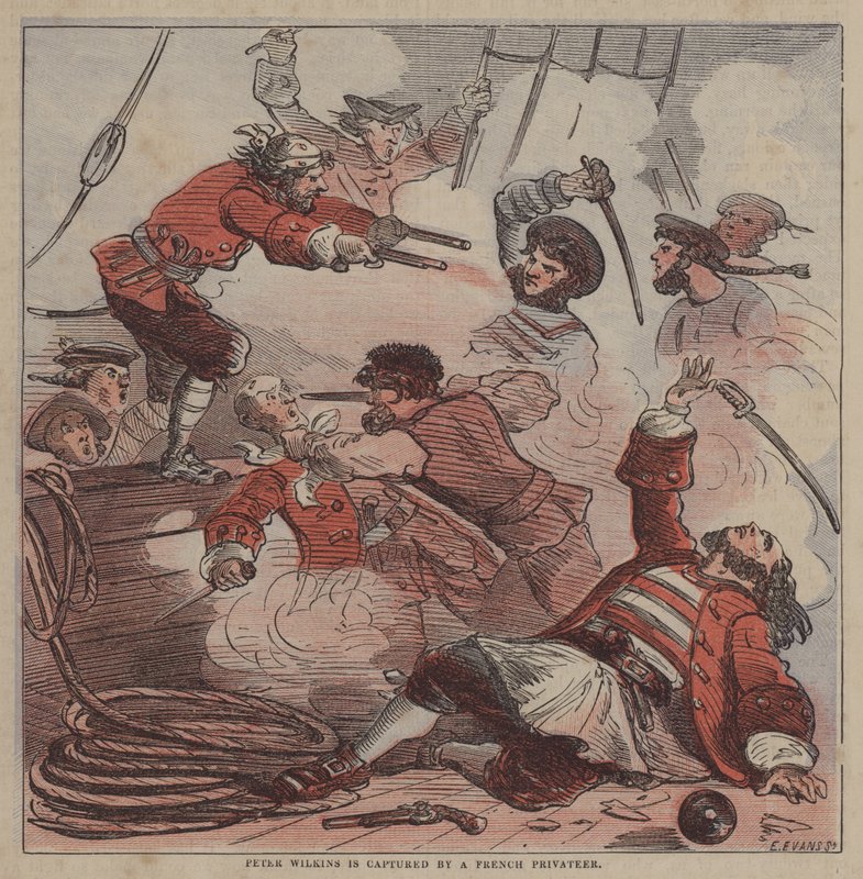 Peter Wilkins er fanget af en fransk kaper (farve litho) af after Hablot Knight Browne