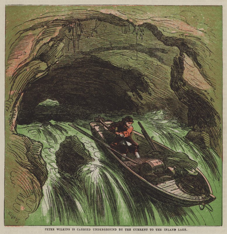 Peter Wilkins føres under jorden af strømmen til Inland Lake (farve litho) af after Hablot Knight Browne