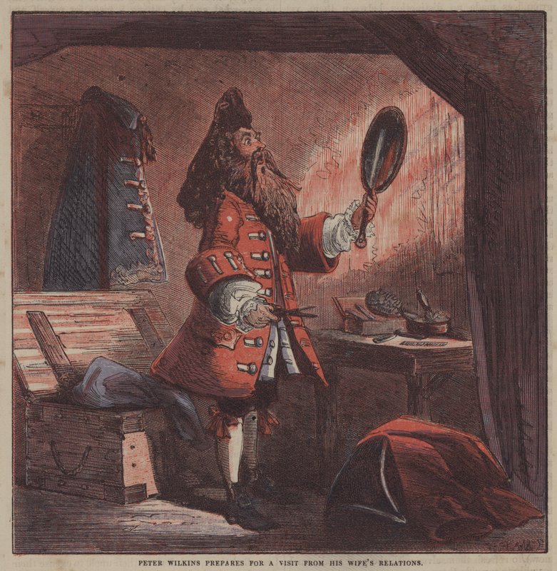 Peter Wilkins forbereder sig på et besøg fra sin kones slægtninge (farve litho) af after Hablot Knight Browne