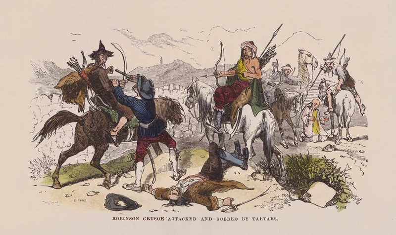 Robinson Crusoe angrebet og bestjålet af tartarer (farvet indgravering) af after Hablot Knight Browne