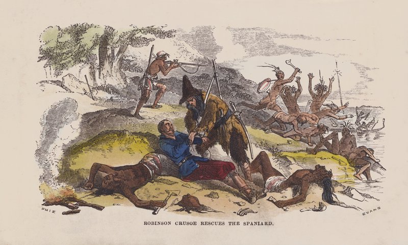 Robinson Crusoe redder spanieren (farvet gravering) af after Hablot Knight Browne