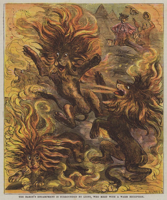 Baronens lejr er omgivet af løver, som mødes med en varm modtagelse (farve litho) af after Hablot Knight Browne