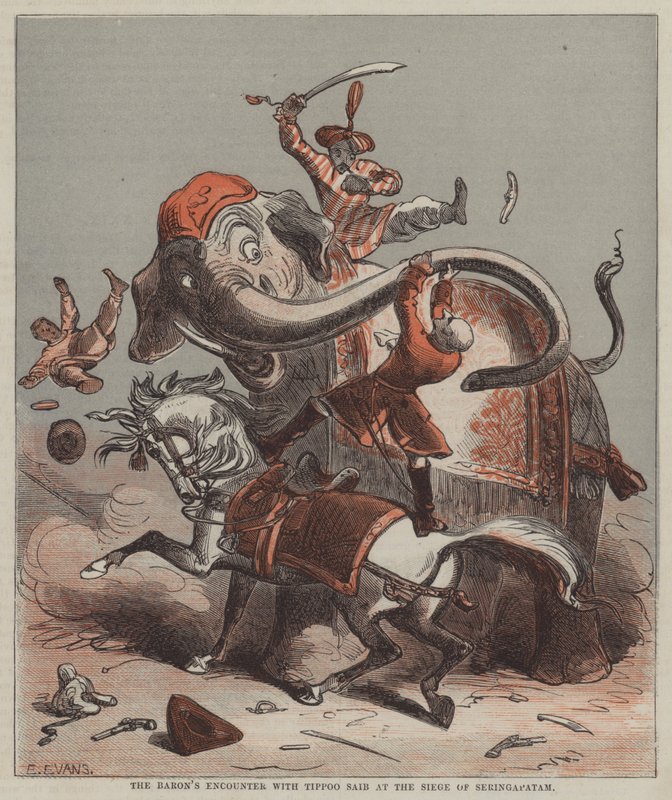Baronens møde med Tippoo Saib ved belejringen af Seringapatam (farve litho) af after Hablot Knight Browne