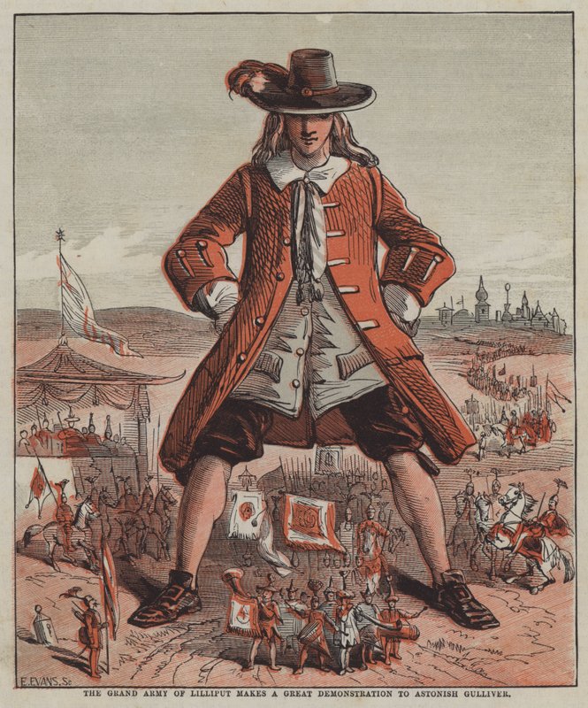 The Grand Army of Lilliput laver en fantastisk demonstration for at forbløffe Gulliver (farve litho) af after Hablot Knight Browne