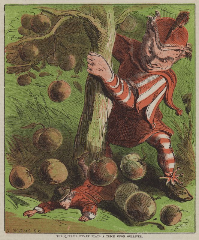Dronningens dværg spiller Gulliver et puds (farve litho) af after Hablot Knight Browne