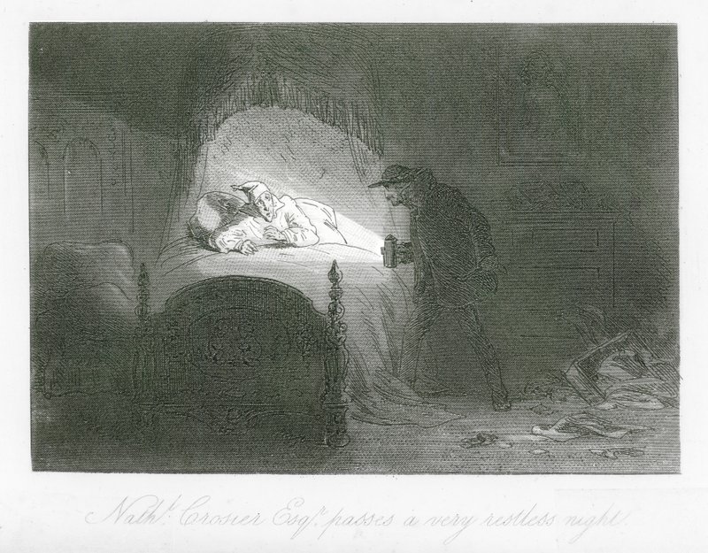 Londons gader: Nathaniel Crosier, Esq, tilbringer en meget urolig nat (gravering) af Hablot Knight (1815 92) Browne