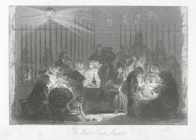 Londons gader: The Water-Cress Market (gravering) af Hablot Knight (1815-92) Browne