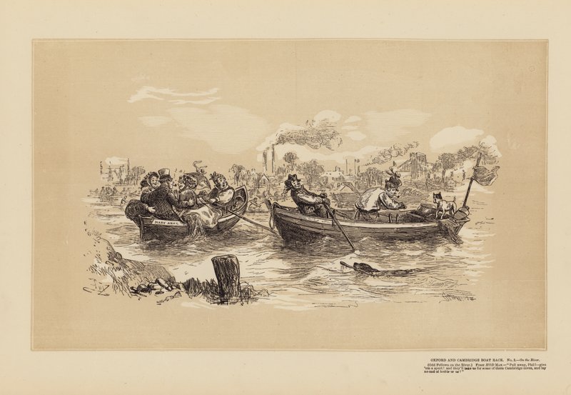 Oxford og Cambridge Boat Race, nr. 2, på floden (kobberstik) af Hablot Knight (1815 92) Browne