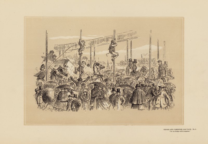 Oxford and Cambridge Boat Race, nr. 3, På broen (kobberstik) af Hablot Knight (1815 92) Browne