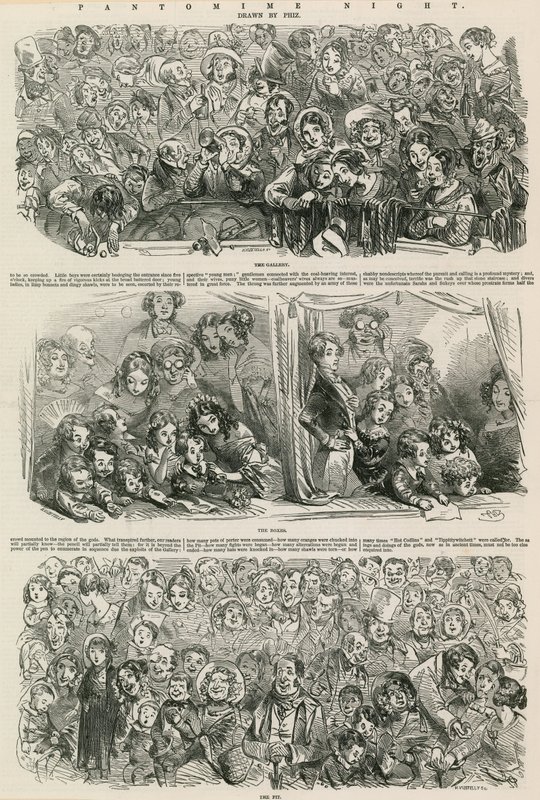 Pantomime Night: The Gallery, The Boxes, The Pit (gravering) af Hablot Knight Browne