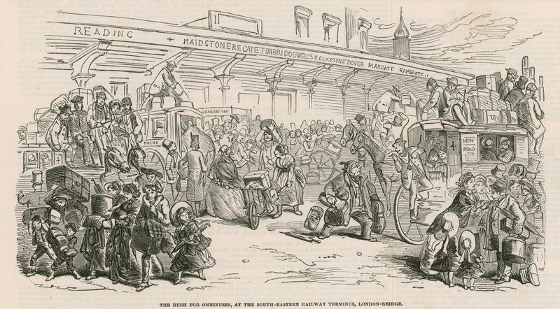 The Great Cab Strike: Suset efter omnibusser, ved South-Eastern Railway Terminus, London Bridge af Hablot Knight Browne