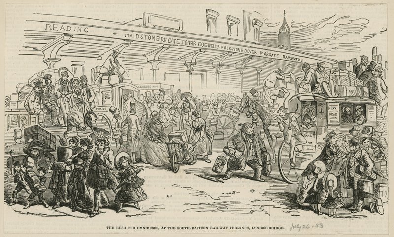 Suset efter omnibusser ved den sydøstlige jernbaneterminal, London Bridge af Hablot Knight Browne