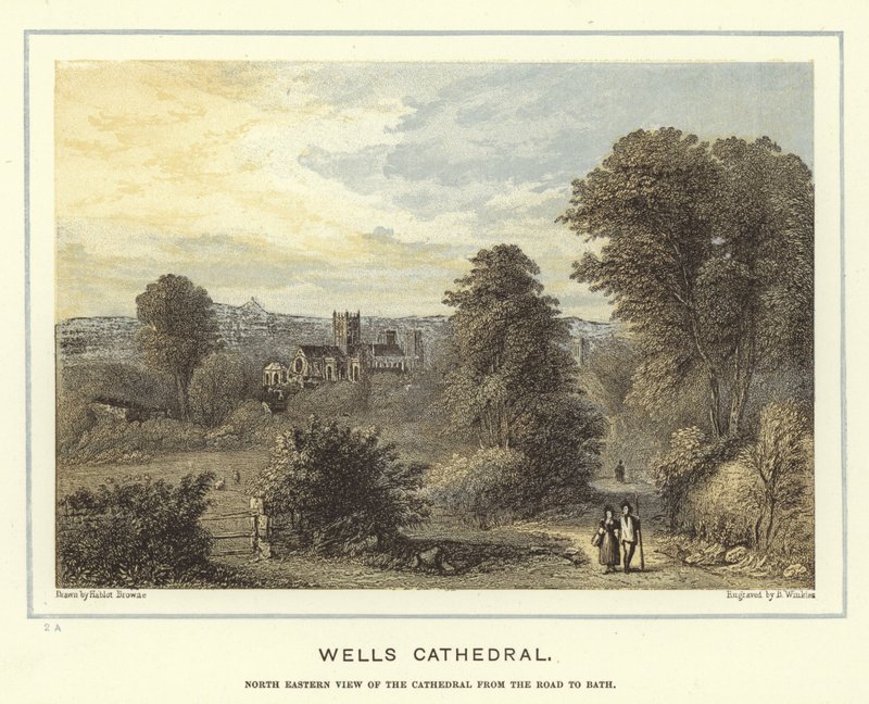 Wells Cathedral, nordøstlig udsigt over katedralen fra vejen til badet af Hablot Knight Browne