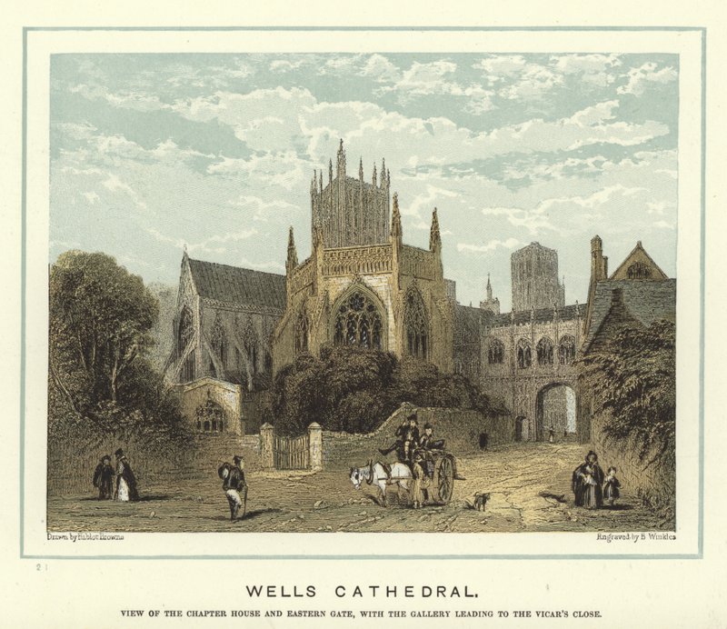 Wells Cathedral, udsigt over kapitelhuset og den østlige port, med galleriet, der fører til Vicar