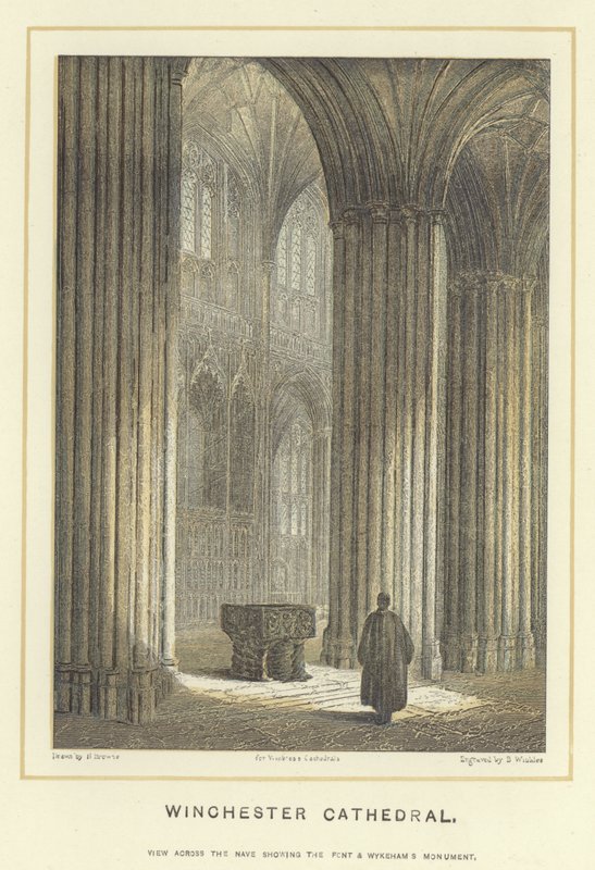 Winchester Cathedral, udsigt over skibet, der viser fronten og Wykehams Monument af Hablot Knight Browne