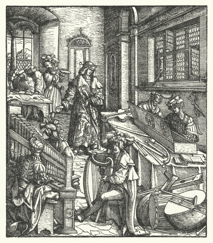 Ærkehertug Maximilian af Østrig som protektor for musikken (gravering) af Hans (after) Burgkmair