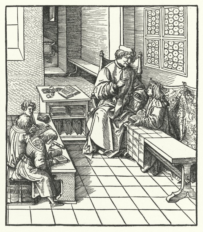 Ærkehertug Maximilian af Østrig i skole som barn (gravering) af Hans (after) Burgkmair