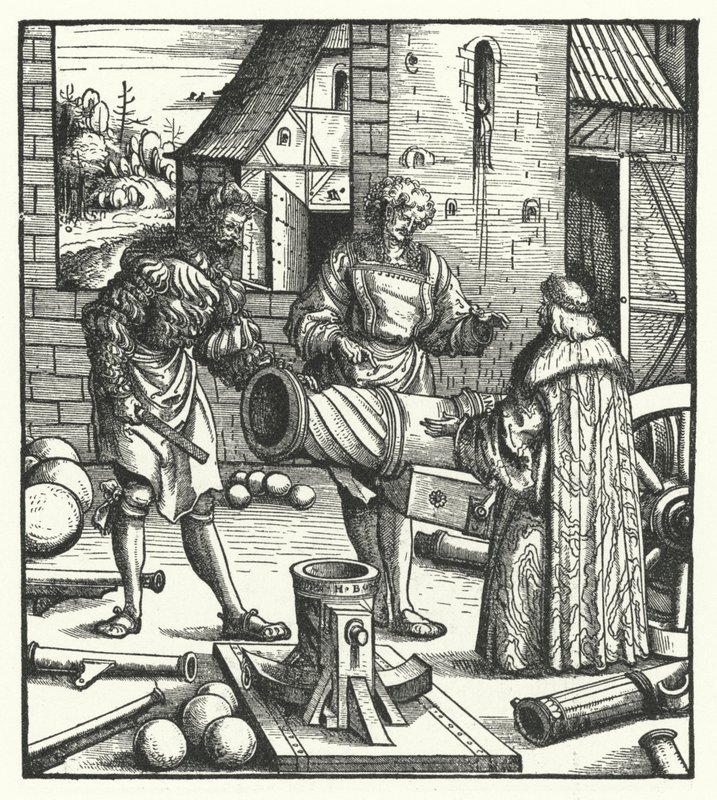 Ærkehertug Maximilian af Østrig rådgiver våbensmede (gravering) af Hans (after) Burgkmair