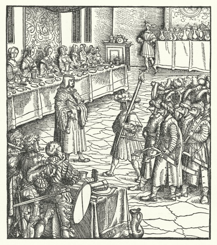 Ærkehertug Maximilian af Østrig instruerer et mummers skuespil (gravering) af Hans (after) Burgkmair