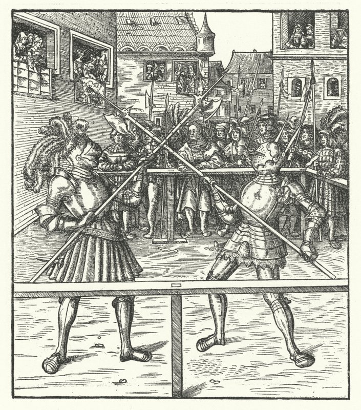Ærkehertug Maximilian af Østrig kæmper til fods ved hjælp af en hellebard (gravering) af Hans (after) Burgkmair
