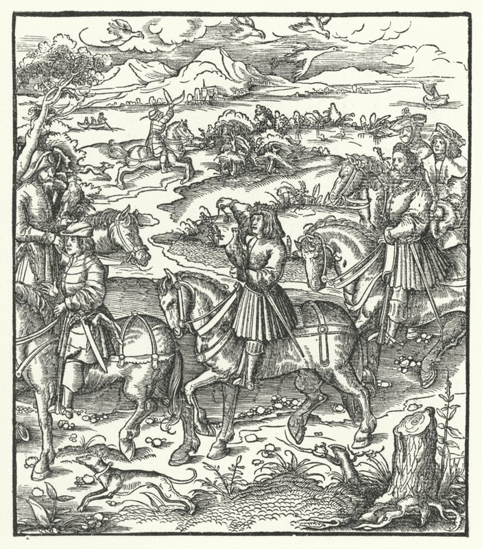 Ærkehertug Maximilian af Østrig jager hejrer (gravering) af Hans (after) Burgkmair