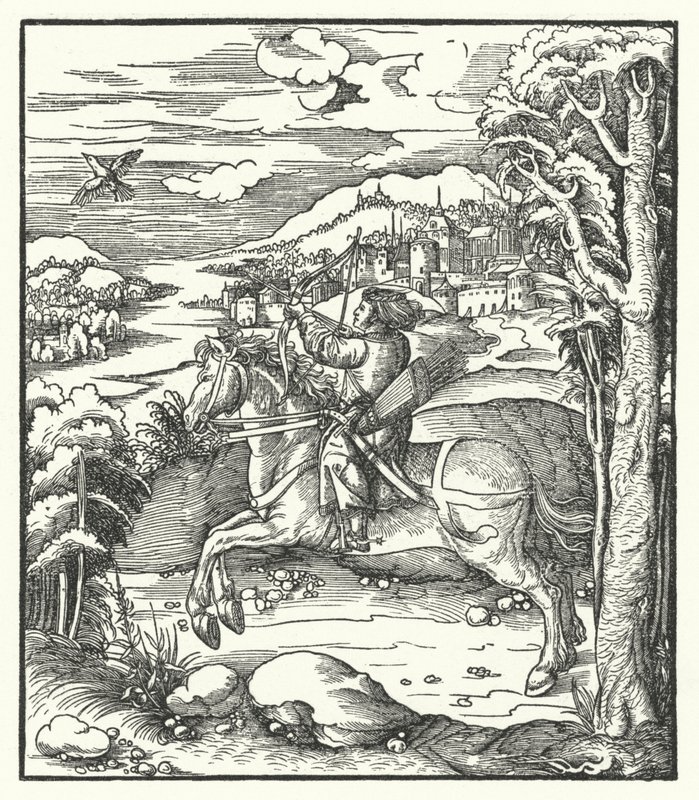 Ærkehertug Maximilian af Østrig på jagt på hesteryg (gravering) af Hans (after) Burgkmair