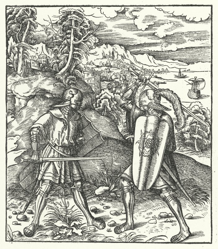 Ærkehertug Maximilian af Østrig i panserkamp med et sværd (gravering) af Hans (after) Burgkmair