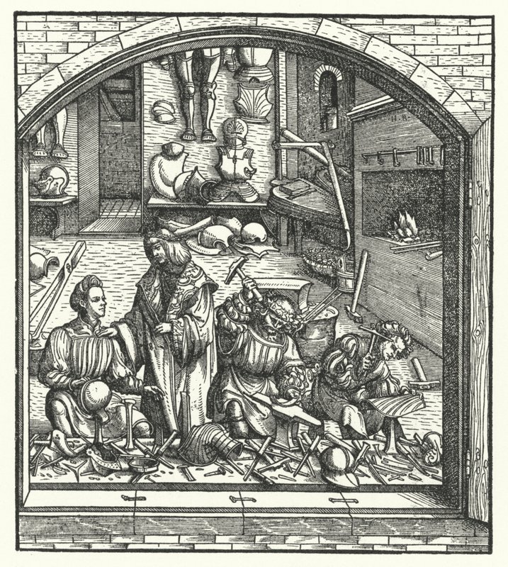 Ærkehertug Maximilian af Østrig besøger en rustningsmand (gravering) af Hans (after) Burgkmair