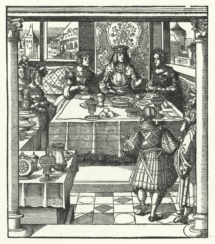 Ærkehertug Maximilian af Østrig besøger sin kommende kone, Maria af Bourgogne, og hendes mor, Isabella af Bourbon (stik) af Hans (after) Burgkmair