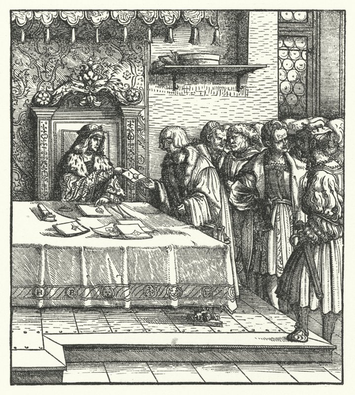 Ærkehertug Maximilian af Østrig skriver breve (gravering) af Hans (after) Burgkmair