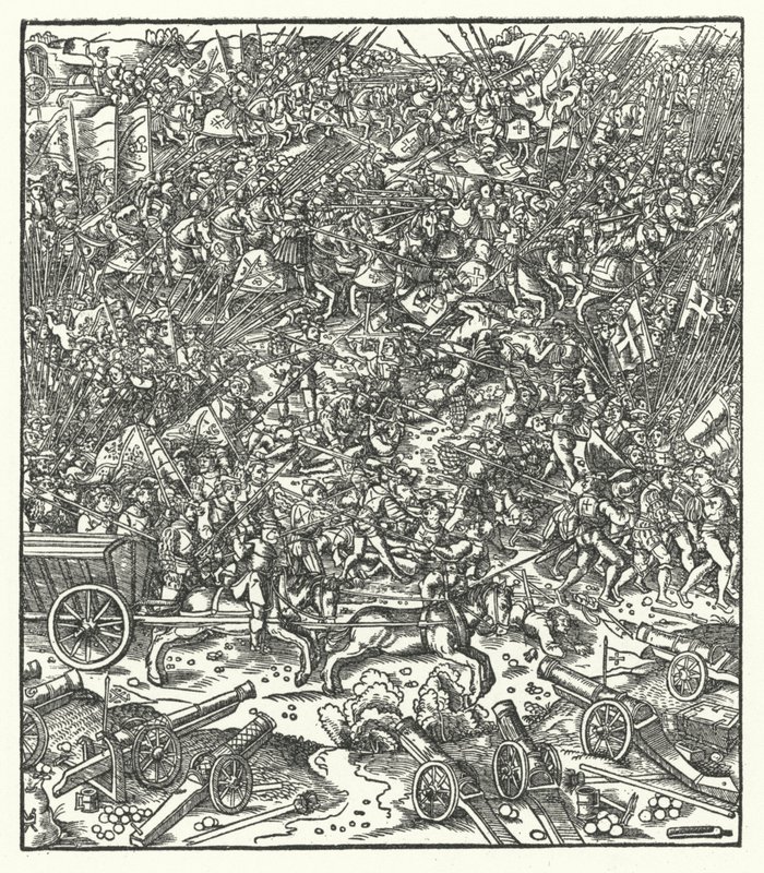 Slaget ved Guinegate, Frankrig, 7. august 1479 (gravering) af Hans (after) Burgkmair