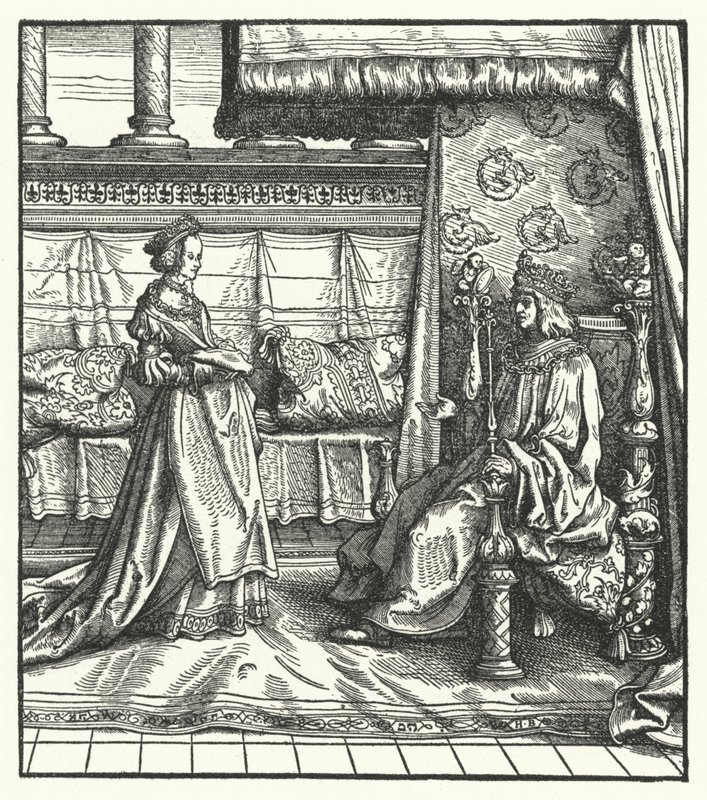 Karl den Dristige, hertug af Bourgogne, med sin datter Maria, som senere giftede sig med den kommende hellige romerske kejser Maximilian I i 1477 (stik) af Hans (after) Burgkmair
