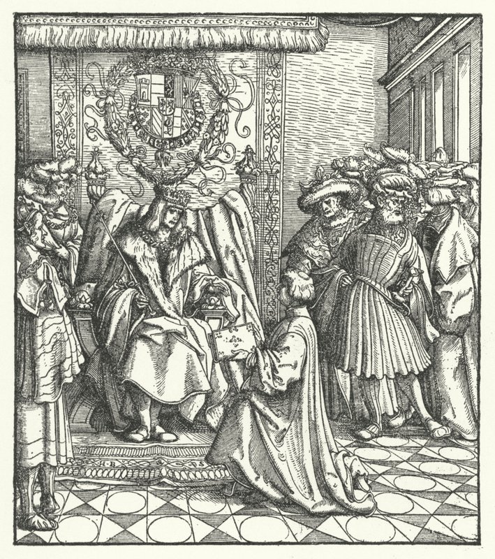 Dedikation af en bog til den hellige romerske kejser Maximilian I (stik) af Hans (after) Burgkmair