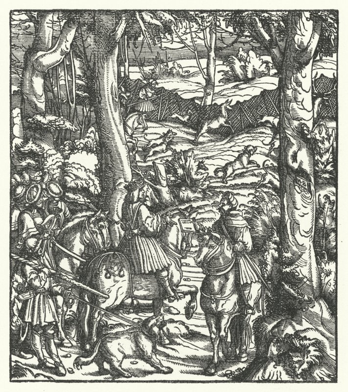 Maximilian I, romernes konge, modtager en besked under jagt (gravering) af Hans (after) Burgkmair
