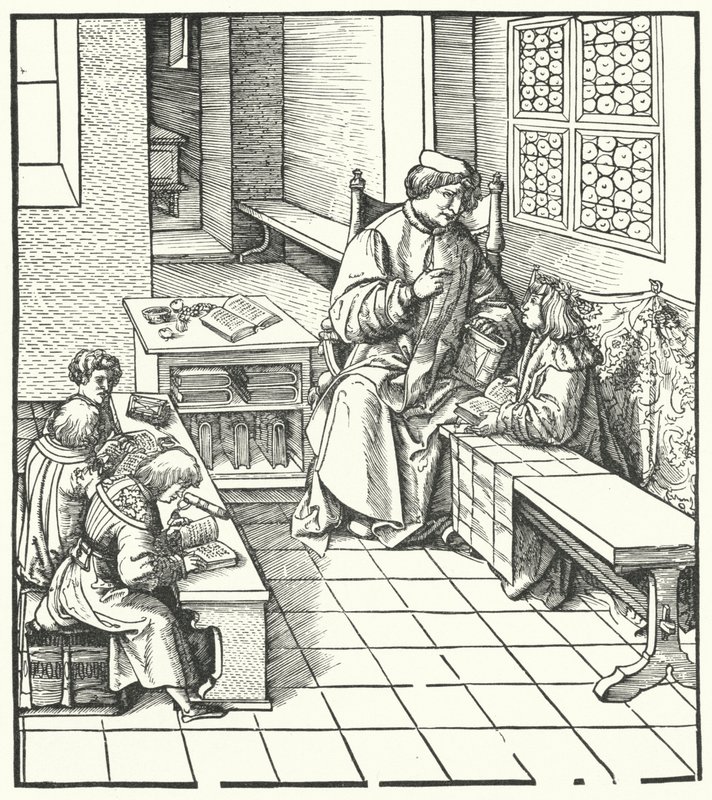Maximilian modtager instruktion (gravering) af Hans (after) Burgkmair