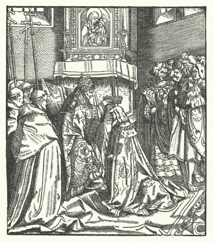 Pave Nicholas V kronede Frederik III til den hellige romerske kejser i Rom af Hans (after) Burgkmair